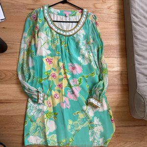 Lilly Pulitzer 100% Silk Madly Glamorous Harper Teal Floral Print Beaded Dress